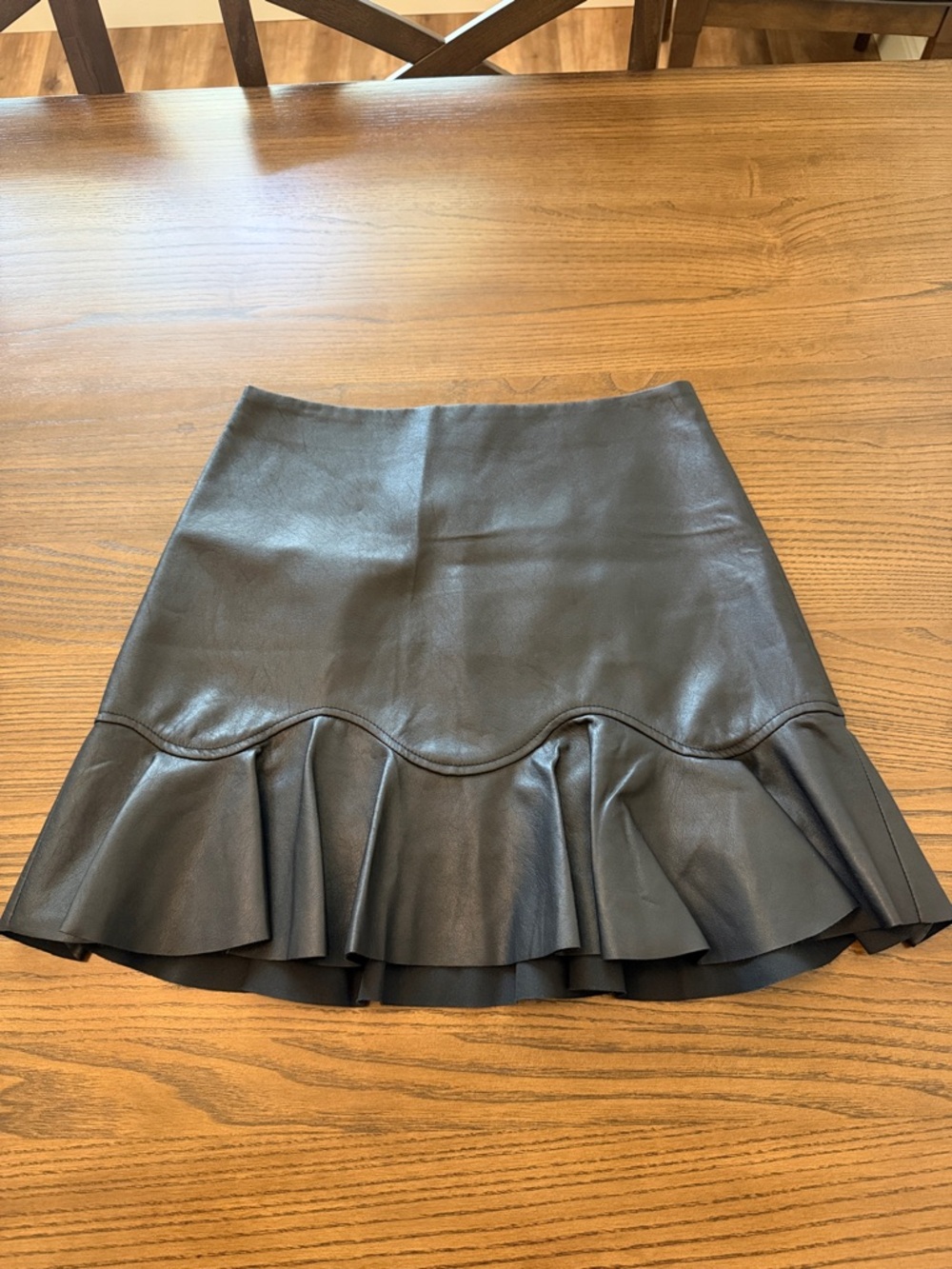 Rebecca Taylor Black Faux Leather Ruffle-Hem A-Line Skirt